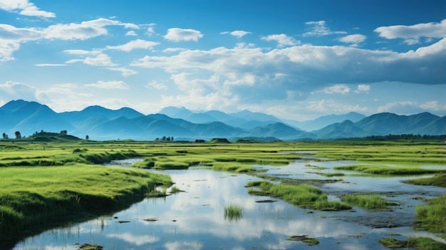 Panorama der Schönheit eines sonnigen Tages in den Reisfeldern