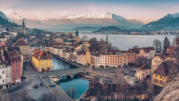 Panorama der Stadt Thun im Kanton Bern mit den Alpen und dem Thunersee in der Schweiz