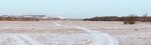 Panorama der verschneiten Wiese.