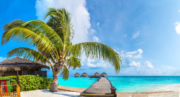 Panorama der Wasservillen und der Holzbrücke im tropischen Strand