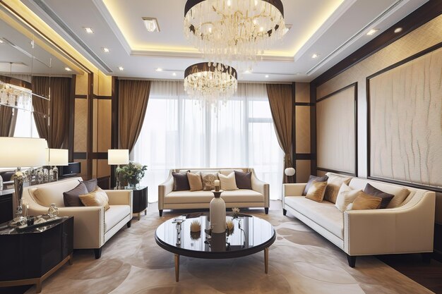 Panorama des Luxus-Wohnzimmers und Essbereichs mit Sofa Modernes Luxus-Wohnzimmer Generative AI