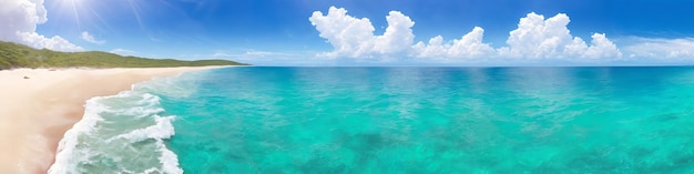 Panorama des Meeresstrandes an einem sonnigen Tag mit Wellen, die am Ufer brechen Seascape-Illustration mit Sandstrand, türkisfarbenem Wasser, Sonne und Himmel mit Wolken Generative AI