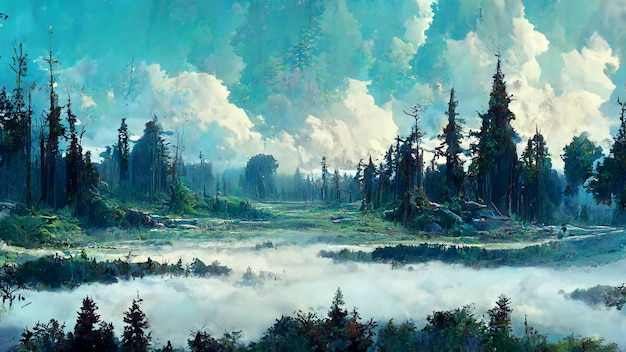 Panorama des nebligen Waldes an einem nebligen Tag 3D-Darstellung