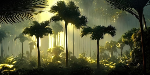 Panorama des Palmenwaldes bei Sonnenuntergang die Strahlen der Sonne durch die Bäume Fantasiewaldnebel Palmendschungel 3D-Illustration