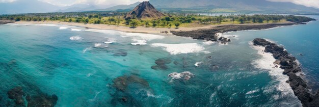 Panorama des schwarzen Vulkanstrandes Luftaufnahme und Draufsicht Wunderschöne Naturkulisse