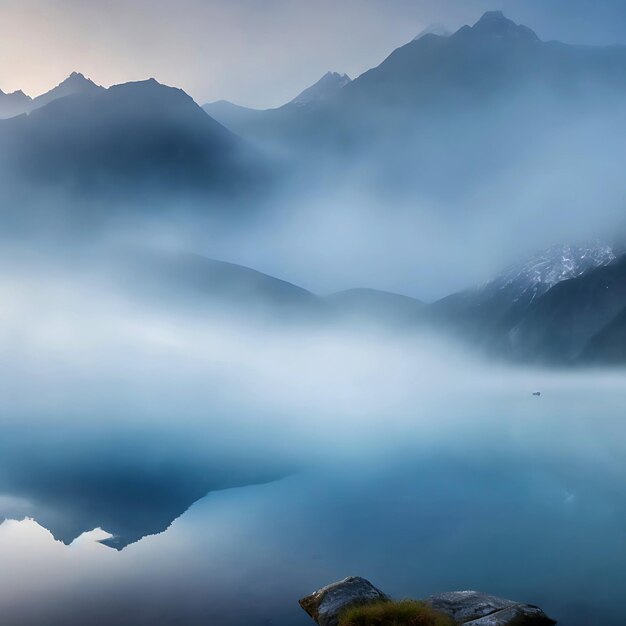 Foto panorama des sees an einem nebligen morgen