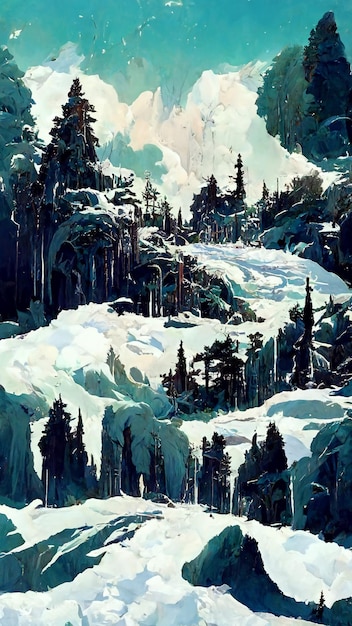 Panorama des Winterwaldes mit Schnee- und Eisszene 3D-Illustration