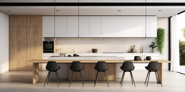 Panorama del diseño interior minimalista moderno de la cocina con mesa y sillas de comedor de la isla