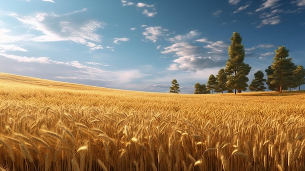 Panorama do campo de trigo dourado com árvore no campo rural do dia de verão AI generativo ensolarado e azul