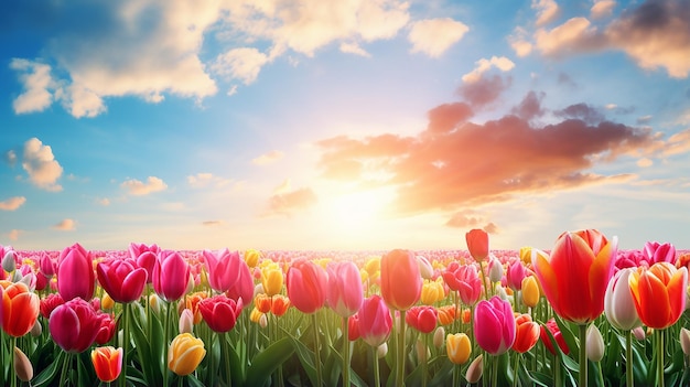 Panorama do campo de tulipas florescendo