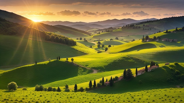 Panorama do campo românico ao pôr-do-sol na luz da noite bela paisagem de primavera nas montanhas campo gramado e colinas paisagem rural