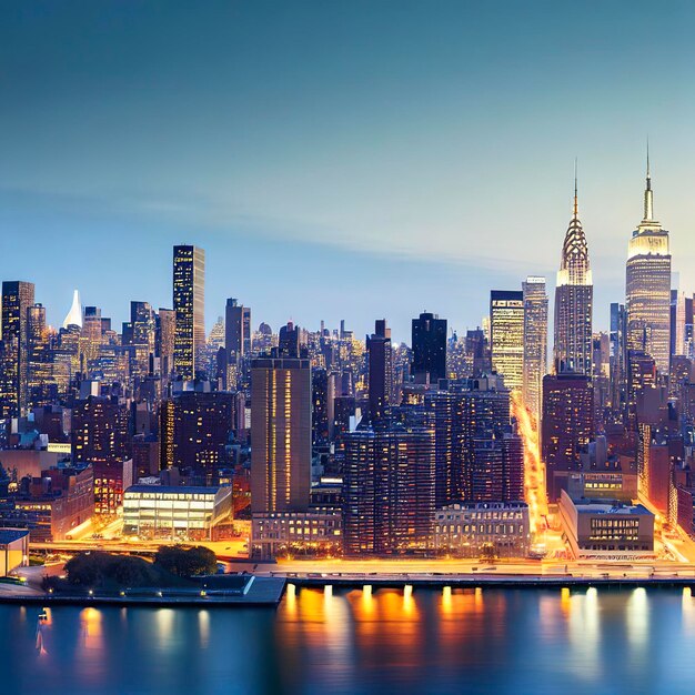 Panorama do centro de Manhattan, Nova York, ao entardecer, com arranha-céus iluminados sobre o East River