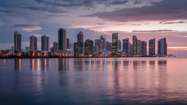 Panorama do horizonte da cidade de miami ao anoitecer com arranha-céus urbanos sobre o mar com reflexo