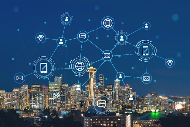 Panorama do horizonte de Seattle de Kerry Park Arranha-céus do centro financeiro à noite Washington EUA Holograma de mídia social Conceito de rede e estabelecimento de novas conexões de pessoas