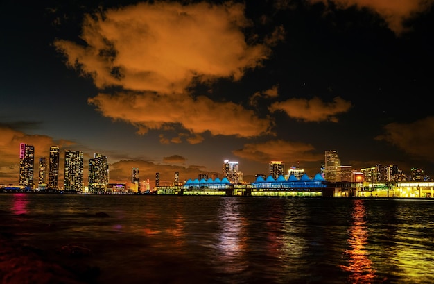 Panorama do horizonte do centro de Miami ao pôr do sol na Flórida Horizonte de Miami no centro da Flórida à noite