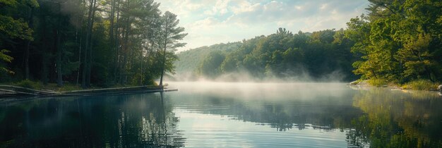 Panorama do Lago Tranquil Morning na Paisagem Florestal