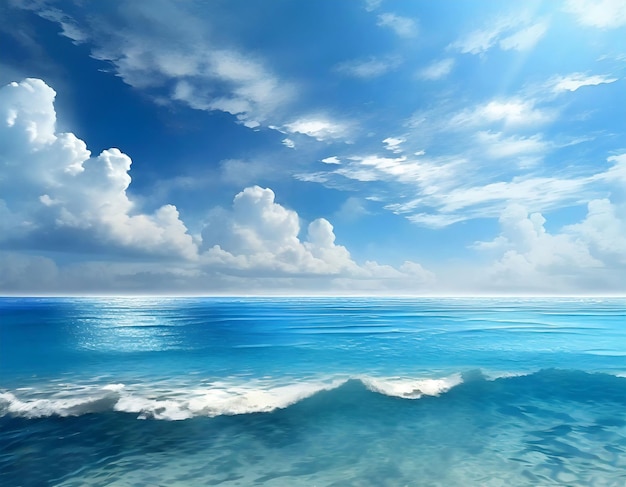 Foto panorama do oceano azul onda ondulada reflexão do sol céu claro