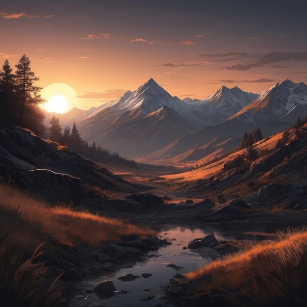 Panorama do pôr-do-sol nas montanhas