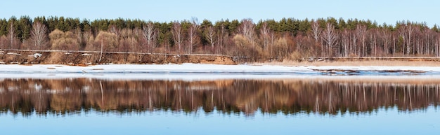 Panorama do rio no reflexo da floresta no início da primavera na paisagem natural da nascente de água azul