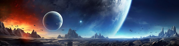 Panorama do sistema planetário distante em elementos de renderização 3D do espaço