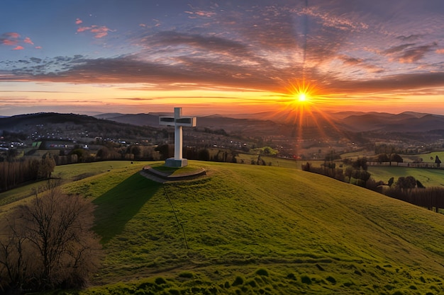 Panorama dramático do nascer do sol da manhã de domingo de Páscoa com cruz na colina