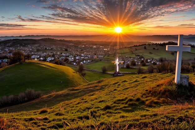 Panorama dramático Domingo de Pascua Amanecer por la mañana con cruz en la colina