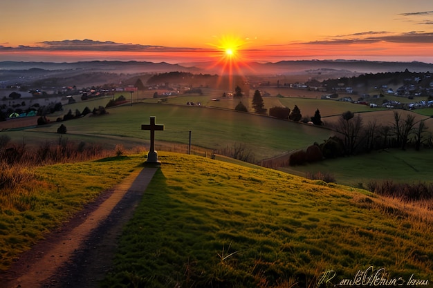 Panorama dramático Domingo de Pascua Amanecer por la mañana con cruz en la colina