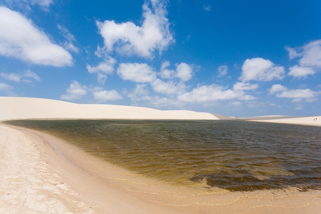 Panorama de dunas de arena blanca del Parque Nacional Lencois Maranhenses, Brasil. Laguna de agua de lluvia. Paisaje brasileño