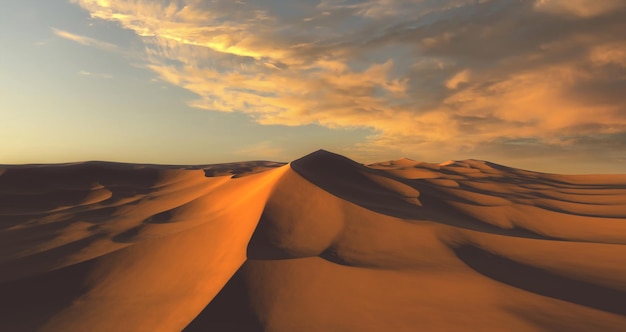 Panorama de las dunas de arena del desierto del Sahara al atardecer. Dunas interminables de arena amarilla. Desierto paisaje Olas arena naturaleza