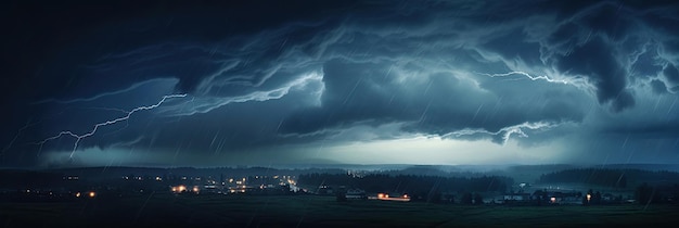 Panorama Dunkle Wolke in der Nacht mit Gewitter. Schwerer Sturm, der im Sommer Gewitter, Blitze und Regen bringt