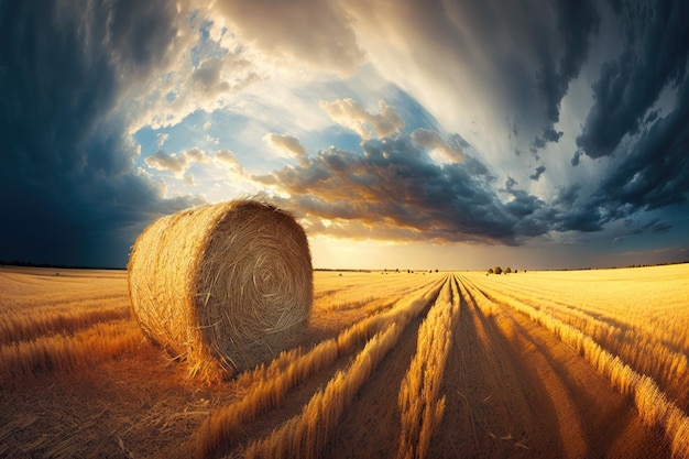 Panorama de un entorno natural rural Paja dorada en un campo de trigo después de la cosecha en los rayos del sol poniente contra un cielo nublado