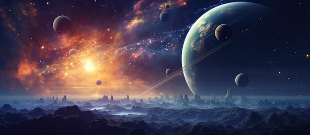 Panorama de la escena espacial con planetas, estrellas y galaxias de fondo generado por la IA