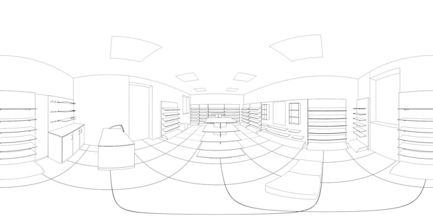 panorama esférico do interior, visualização de contornos, ilustração 3D, esboço, contorno