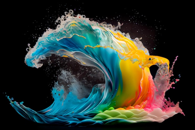 Panorama Explosión de pintura líquida en colores del arco iris con salpicaduras generativas ai