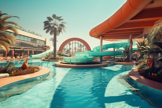 Panorama-Ferienlandschaft Luxus-Strandresort-Hotel Schwimmbad und Strandstühle oder Liegestühle unter Regenschirmen mit Palmen blauer sonniger Himmel Sommerinsel Meeresrand Generative KI