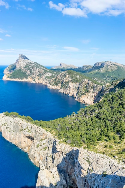 Panorama, Formentor junto al mar Mediterráneo en la isla de Ibiza en España, escena de vacaciones y verano