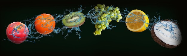 Panorama con frutas en agua jugosa manzana kiwi limón uva coco y caqui son buenos para la salud y un postre de primera clase