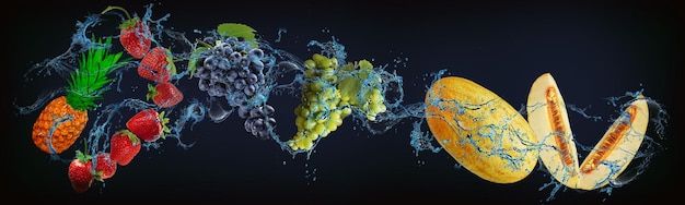 Panorama con frutas en agua jugosa piña fresas uvas melón una carga de vivacidad y salud para una persona