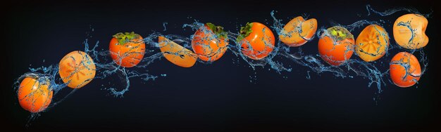 Panorama con frutas en agua jugoso caqui le da a la gente una delicia en el sabor