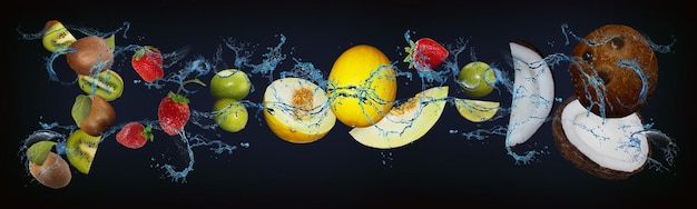Panorama con frutas en agua jugoso kiwi fresa lima melón coco vigor y salud para una persona