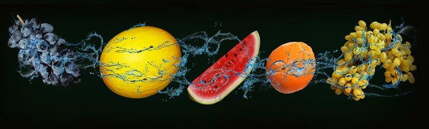 Panorama con frutas jugosas en el agua uvas melón sandía naranja tienen muchas vitaminas son beneficiosas para la salud y son sabrosas