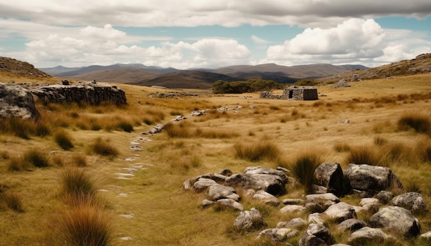 Panorama-Gebirgskette, antike Ruinen, Schönheit in der Natur, erzeugt durch KI
