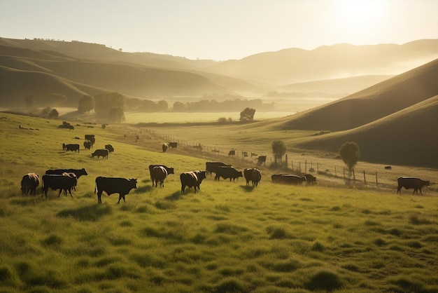 Panorama generativo ai de vacas pastando em um prado com grama ao pôr do sol