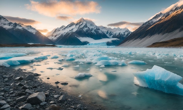 Foto panorama de los glaciares iceberg en la antártida con hielo polar derritiéndose