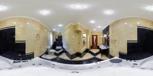 Panorama hdri 360 sem costura no interior do banheiro caro em apartamentos modernos com bidê e lavatório em projeção equiretangular com zênite e nadir VR AR conteúdo