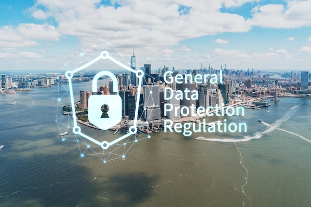Panorama-Helikopter-Luftbild mit Blick auf die Stadt Lower Manhattan und das Financial Downtown New York USA GDPR-Hologrammkonzept der Datenschutzbestimmungen und der Privatsphäre für alle Personen