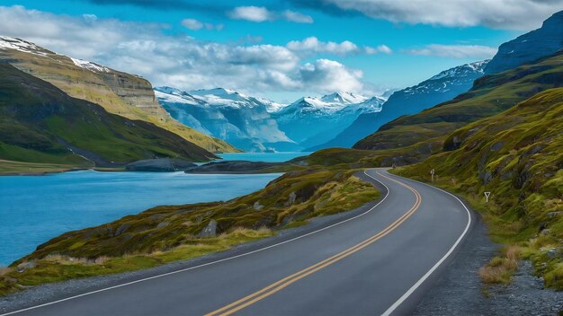 Panorama y hermosa vista de las montañas y el cielo azul con la carretera de asfalto es serpenteante entre el azul