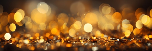 Panorama-Hintergrund mit farbenfrohem Bokeh-Effekt Goldene abstrakte Lichter in der Dunkelheit Feiertagsbeleuchtung