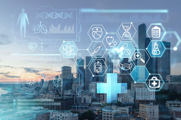 Panorama del horizonte aéreo de Seattle de los rascacielos del centro al atardecer Washington EE.UU. Holograma de medicina digital de atención médica El concepto de tratamiento y prevención de enfermedades