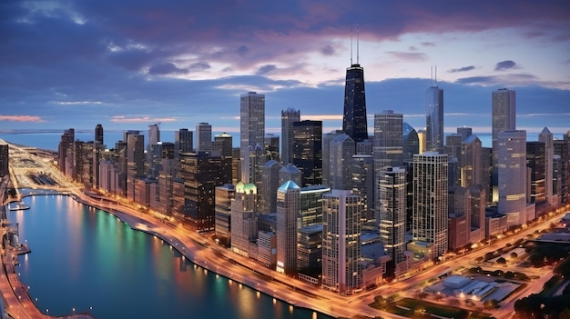 Foto panorama del horizonte de chicago desde el aire